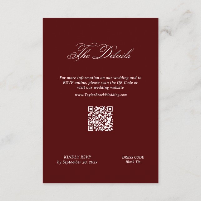 Burgundy Wedding Details Qr Code Tilläggskort (Framsida)