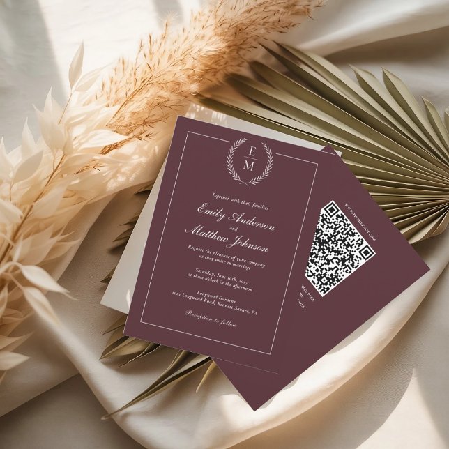 Burgundy Wedding Invitation QR Code Inbjudningar (Skapare uppladdad)
