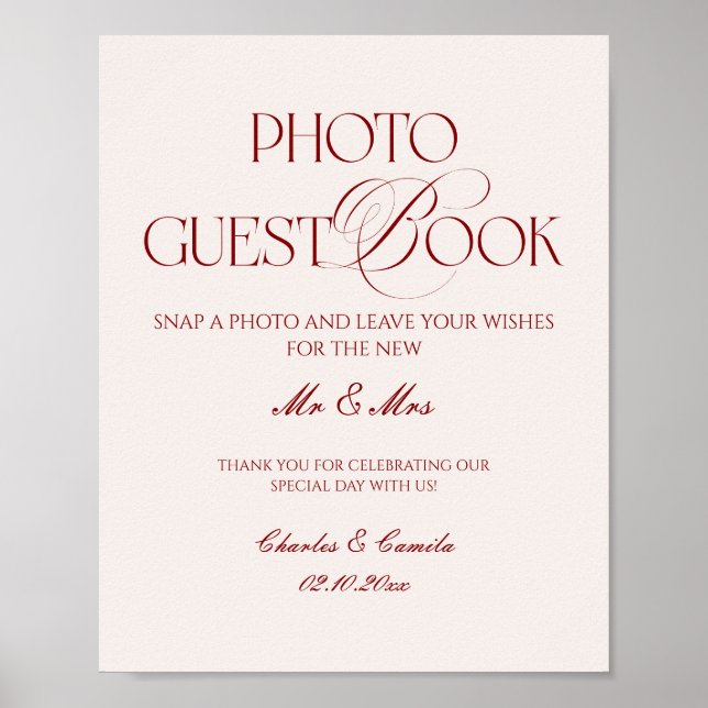 Burgundy Wedding Photo Guest Book Poster (Framsidan)