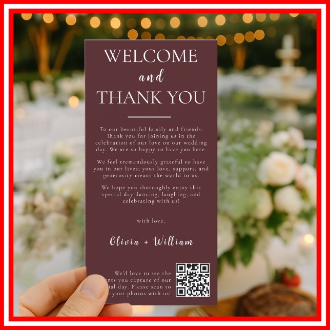 Burgundy Wedding QR Code Welcome & Thank You Card  Tack Kort (Skapare uppladdad)