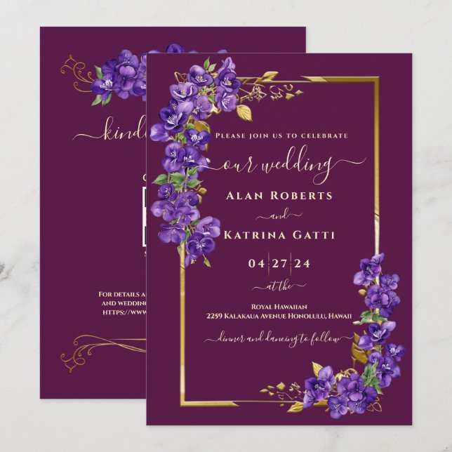 Burgundy Wedding RSVP QR Code Violets Gold Frame Inbjudningar (Fram/baksida)
