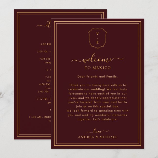 Burgundy Wedding Welcome Letter & Itinerary Card Inbjudningar (Fram/baksida)