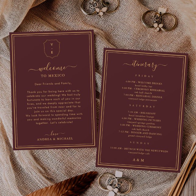 Burgundy Wedding Welcome Letter & Itinerary Card Inbjudningar (Skapare uppladdad)