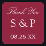 Burgundy Wedor Favor Tack Sticker Fyrkantigt Klistermärke<br><div class="desc">Burgundy Wedding Favor Tack Sticker,  anpassa med initialer hos paret och datumet för bröllop,  med hjälp av mallen för anpassning av onlinen före beställning.</div>