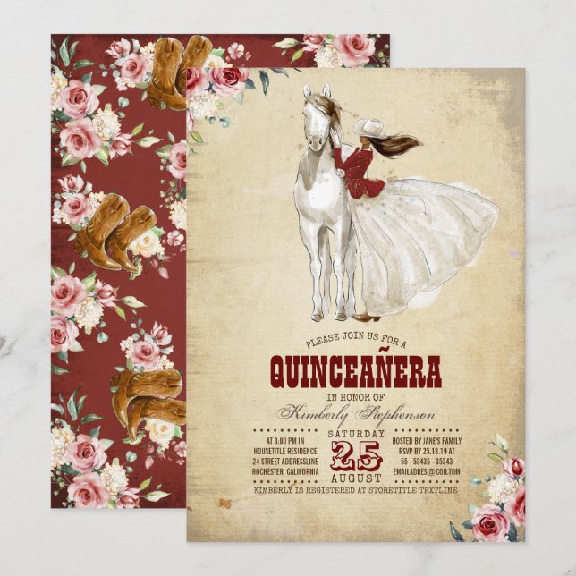 Burgundy Western Quinceañera - 15:e födelsedagen Inbjudningar (Fram/baksida)