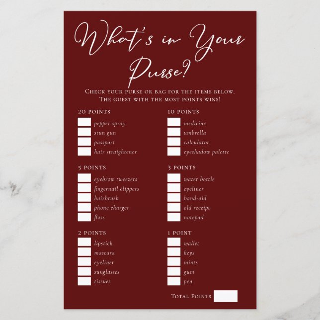 Burgundy What's in Your Purse Möhippa Game (Framsida)