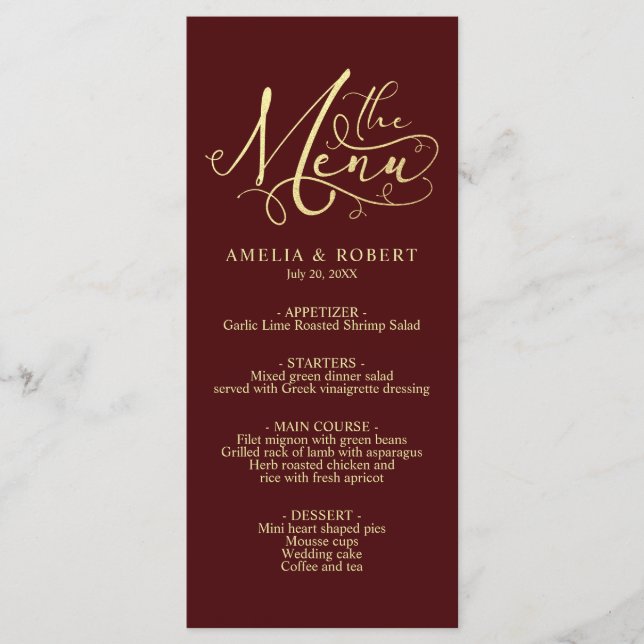 Burgundy Whimsical Elegant Guld Calligraphy Menu Meny (Framsida)