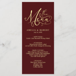 Burgundy Whimsical Elegant Guld Calligraphy Menu Meny