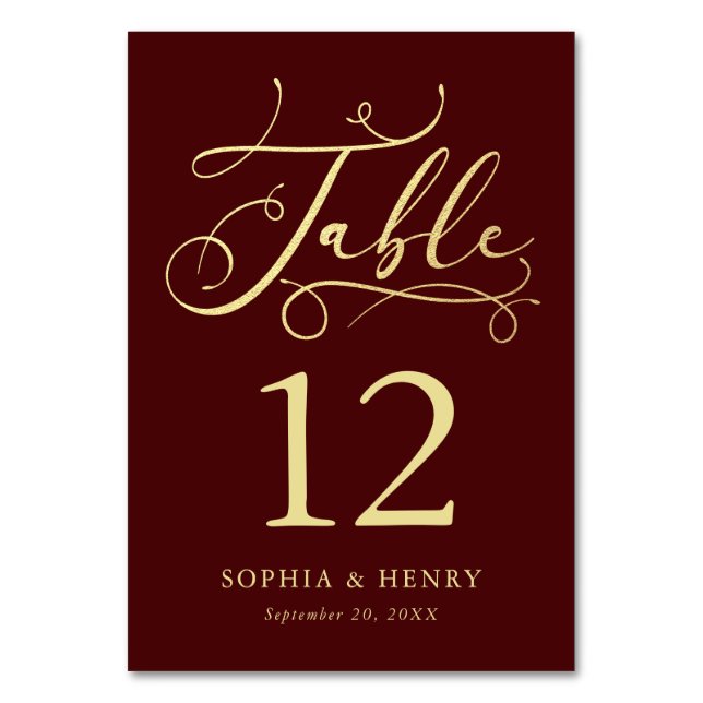 Burgundy Whimsical Guld Calligraphy Bordsnummer (Framsidan)