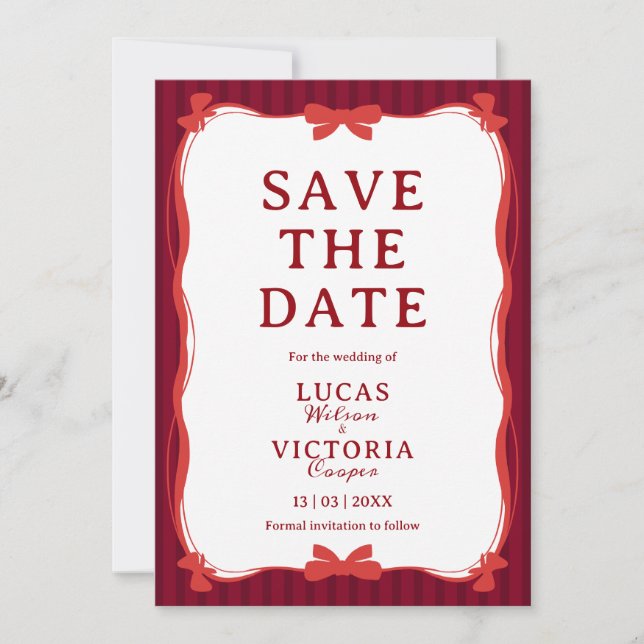 Burgundy Whimsical Red Bow Save The Date Inbjudningar (Framsida)