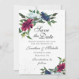 Burgundy White Blue Elegant Blommigt Bröllop Spara Datumet