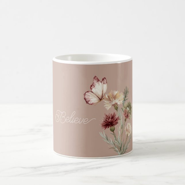 Burgundy White Butterfly Flowers Kaffemugg (Center)
