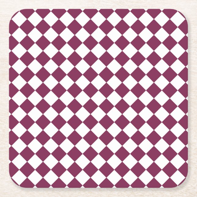 Burgundy White Checker Diamond Pattern Underlägg Papper Kvadrat (Framsidan)