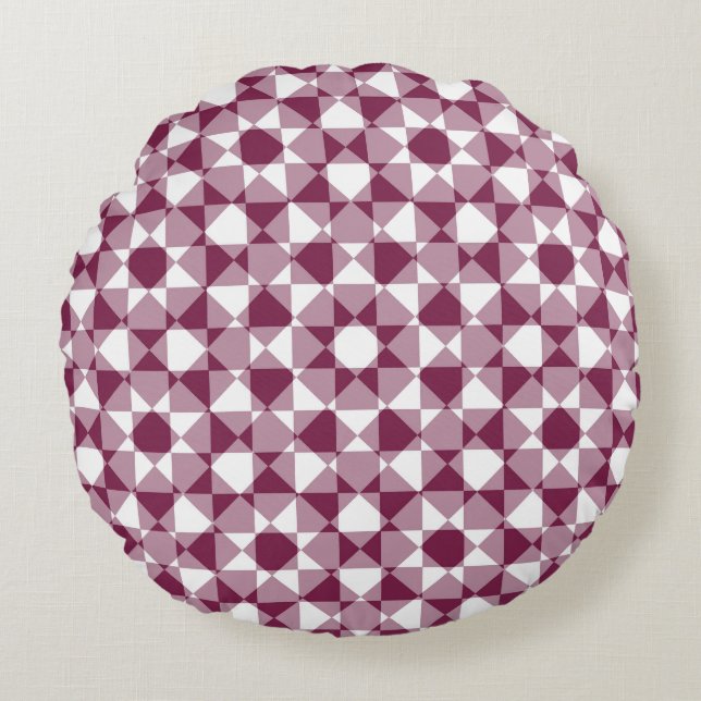 Burgundy White Checker Diamond Plaid Pattern Rund Kudde (Framsidan)