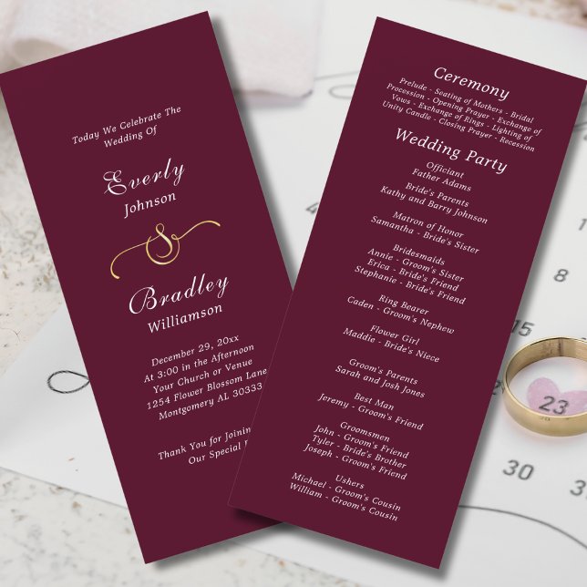 Burgundy White Elegant Script Fall Winter Wedding Program (Skapare uppladdad)