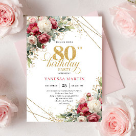 Burgundy white floral 80th birthday invite green  inbjudningar