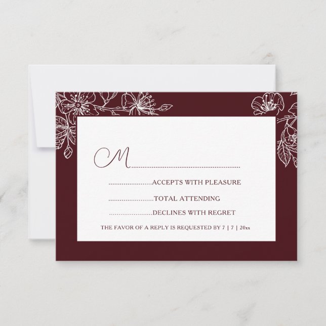 Burgundy White Floral Line Art RSVP OSA Kort (Framsida)