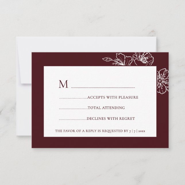 Burgundy White Floral Line Art RSVP OSA Kort (Framsida)