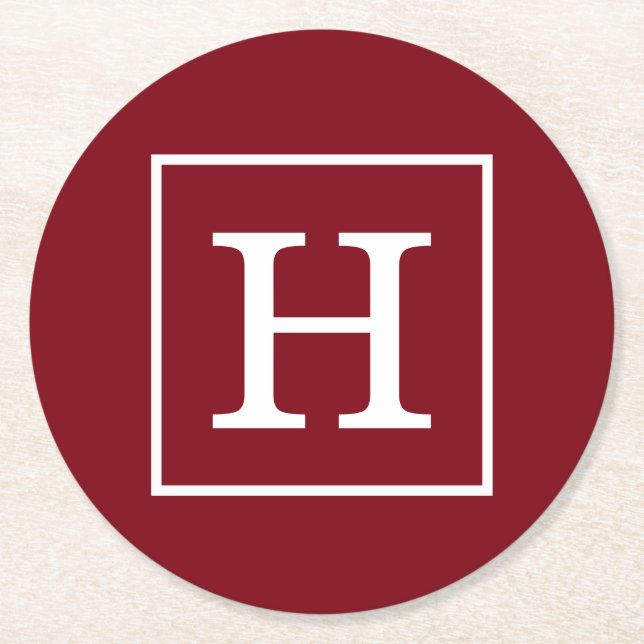 Burgundy White Framed Monogram Underlägg Papper Rund (Framsidan)