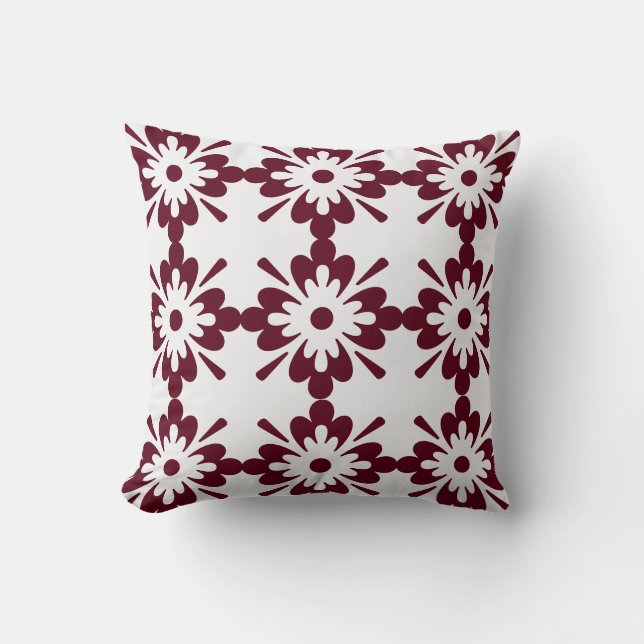 Burgundy & White Geometric-Blommönster Kudde (Framsida)
