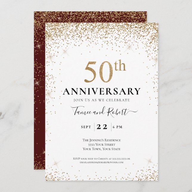 Burgundy White Gold 50th Wedding Anniversary  Inbjudningar (Fram/baksida)