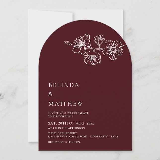 Burgundy White Line Art Minimalist Wedding Inbjudningar (Framsida)