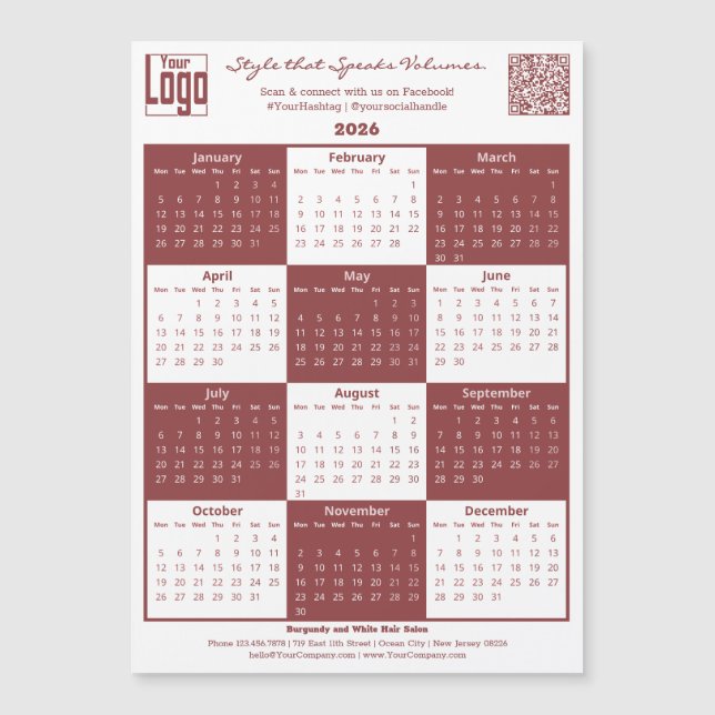 Burgundy White Logo QR-code 2026 Calendar Magnet (Framsida)