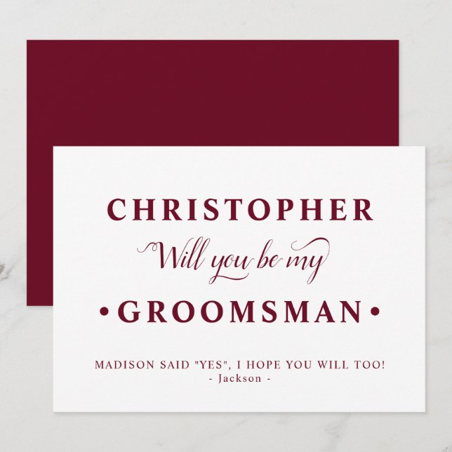 Burgundy White Minimalist Groomsman Frieri kort (Fram/baksida)