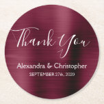 Burgundy & White Modern Bröllop Tack Underlägg Papper Rund<br><div class="desc">Burgundy och White Faux Metallic Stainless Steel Modern och Elegant bröllop Tack Underlägg. De här Cranberry Burgundy Drink Coasters kan anpassas så att du kan ange ditt namn och bröllop-datum. Lila Marsala-Underläggen är en del av Burgundy Bröllop-samlingen. Ytterligare anpassade objekt kan skapas på begäran till designern.</div>