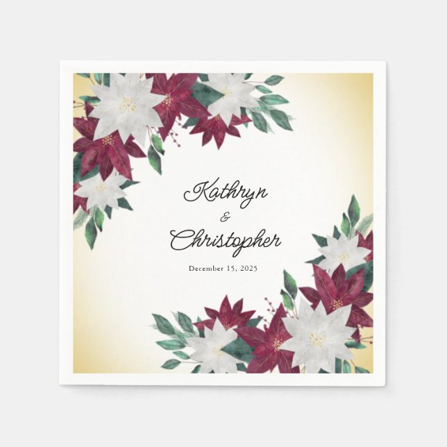 Burgundy & White Poinsettias-julen Bröllop Pappersservett (Framsidan)