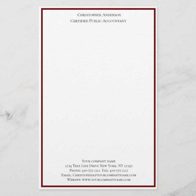Burgundy White Professionell Business Personlig Brevpapper (Framsida)