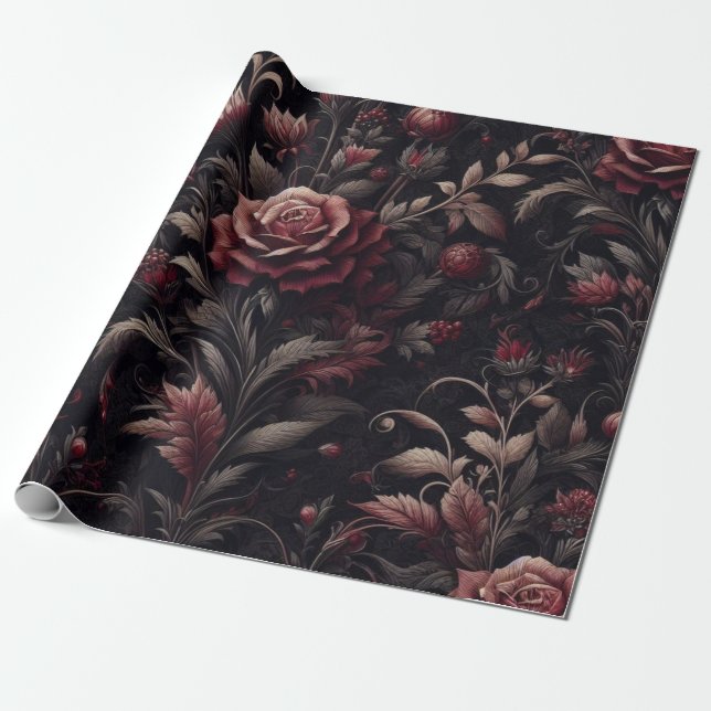 Burgundy White Red Blommigt Gift Wrapping Papper Presentpapper (Utrullad)