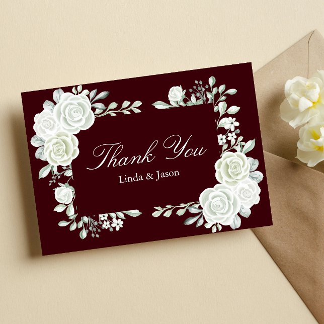 Burgundy White Roses Wedding Thank You Cards Inbjudningar (Skapare uppladdad)