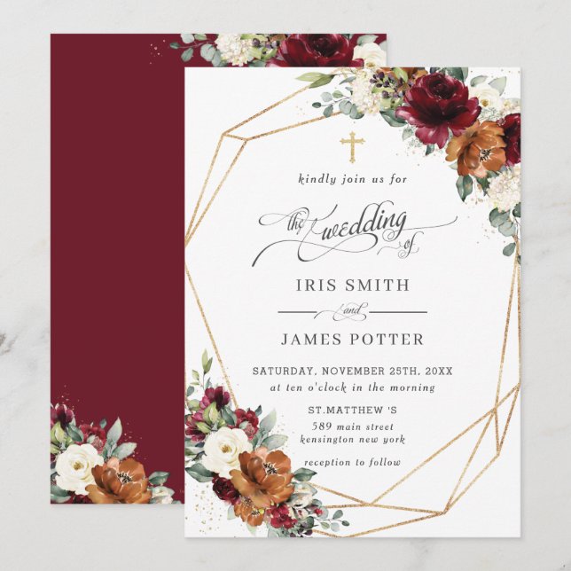 Burgundy White Rust Orange Floral Church Wedding   Inbjudningar (Fram/baksida)