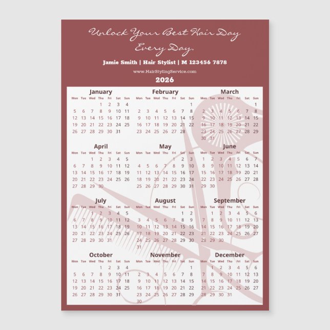 Burgundy White Salon Tools 2026 Calendar Magnet (Framsida)