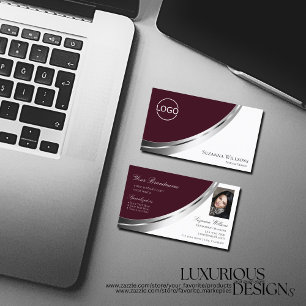 Burgundy White Silver Decor med Logotyp och foto Visitkort
