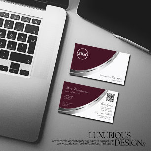 Burgundy White Silver Decor med Logotyp och QR-kod Visitkort