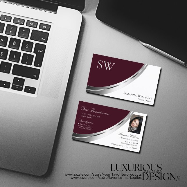 Burgundy White Silver Decor med Monogram och foto Visitkort (Skapare uppladdad)