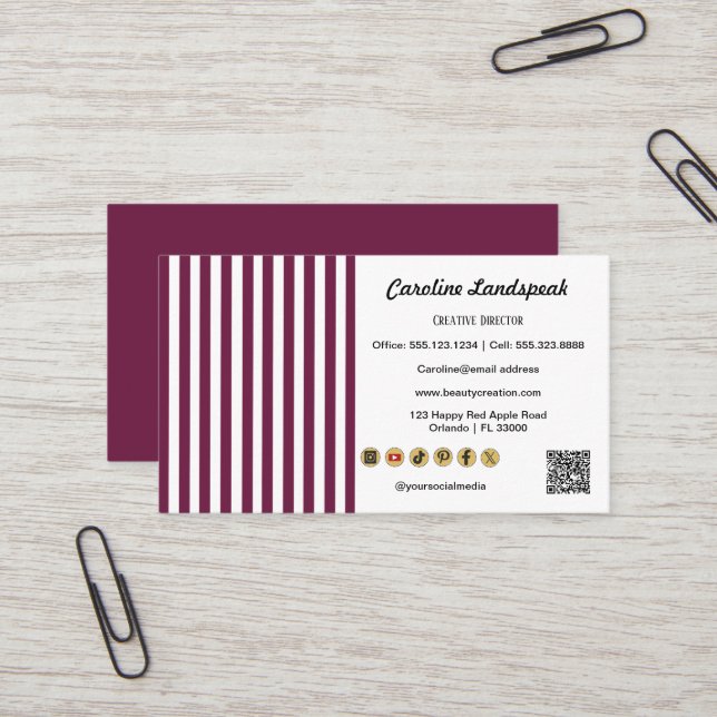Burgundy White Stripes  QR Code Social Media Icons Visitkort (Fram/Back In Situ)