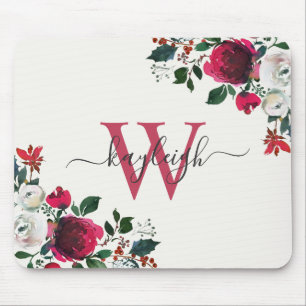 Burgundy White Watercolor Blommigt Namn Monogramma Musmatta