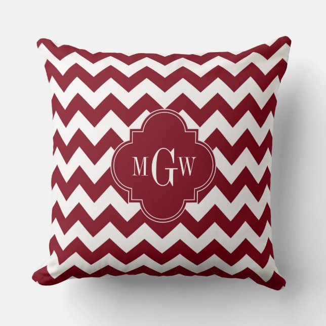 Burgundy Wht Chevron Burgundy 3 första monogram Kudde (Framsida)