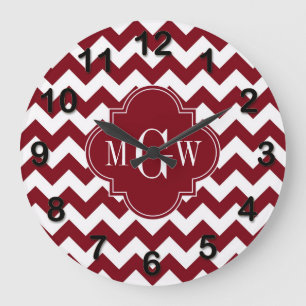Burgundy Wht Chevron Burgundy 3 första monogram Stor Klocka