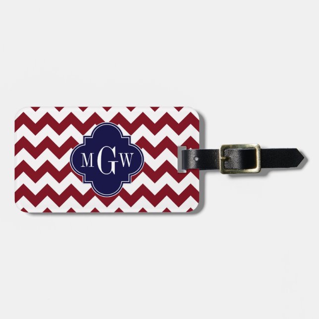 Burgundy Wht Chevron Navy Blue 3 Initial Monogram Bagagebricka (Horisontell Framsida)