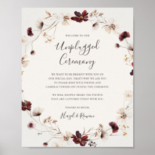 Burgundy WildblomBeige Unplugged Ceremony Sign Poster