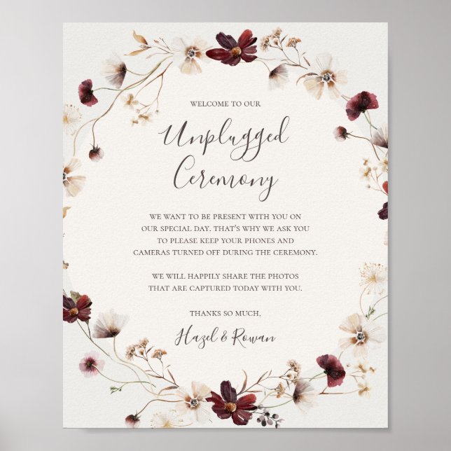 Burgundy WildblomBeige Unplugged Ceremony Sign Poster (Framsidan)