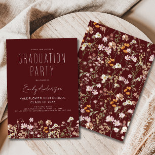 Burgundy Wildblombloom Studentfest Boho Inbjudningar