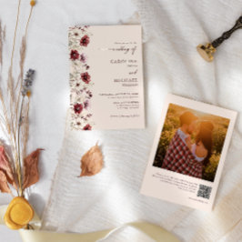 Burgundy Wildblomfoto QR-kod Bröllop Inbjudningar