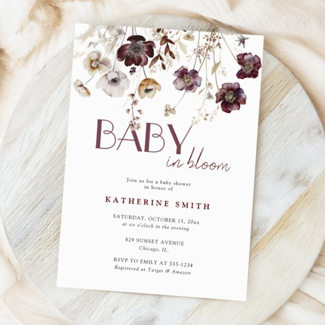 Burgundy Wildblomma Baby i Bloom Baby Shower Inbjudningar (Skapare uppladdad)