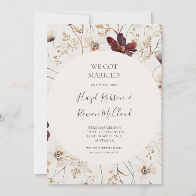 Burgundy Wildblomma | Beige Elopement Notice Inbjudningar (Framsida)