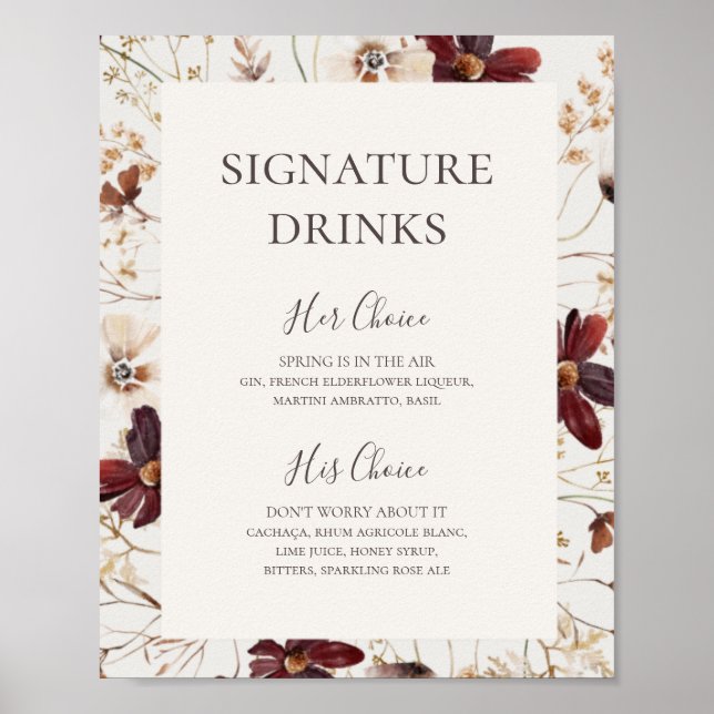 Burgundy Wildblomma | Beige Namnteckning Drinks Si Poster (Framsidan)